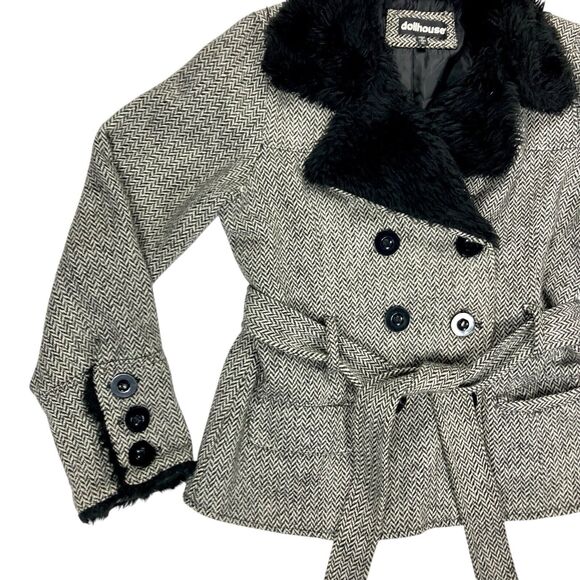 Dollhouse Tweed Wool Coat XL Faux Fur Collar & Cuffs Modern Chic Elegant Jacket - Picture 3 of 16